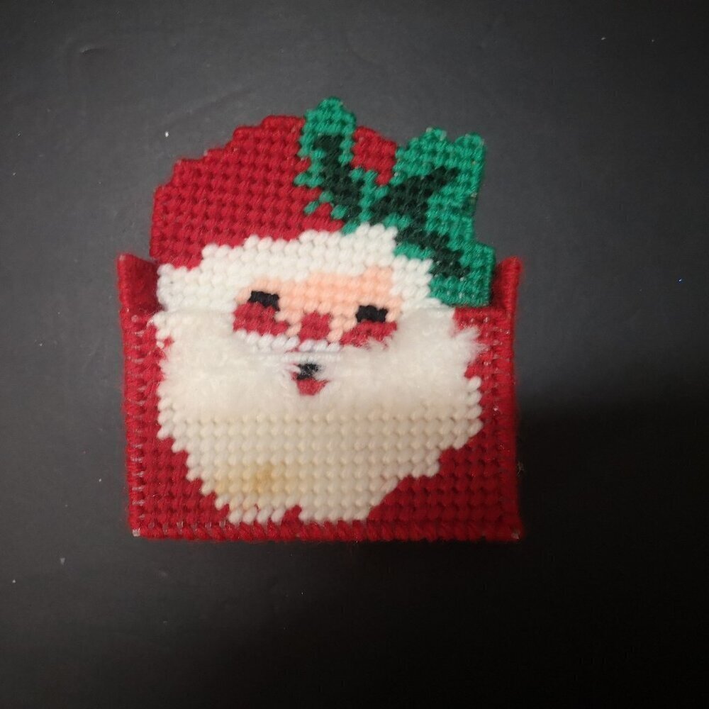 Vintage Handmade Set of 4 Needlepoint Santa Face Christmas Coasters with Holder